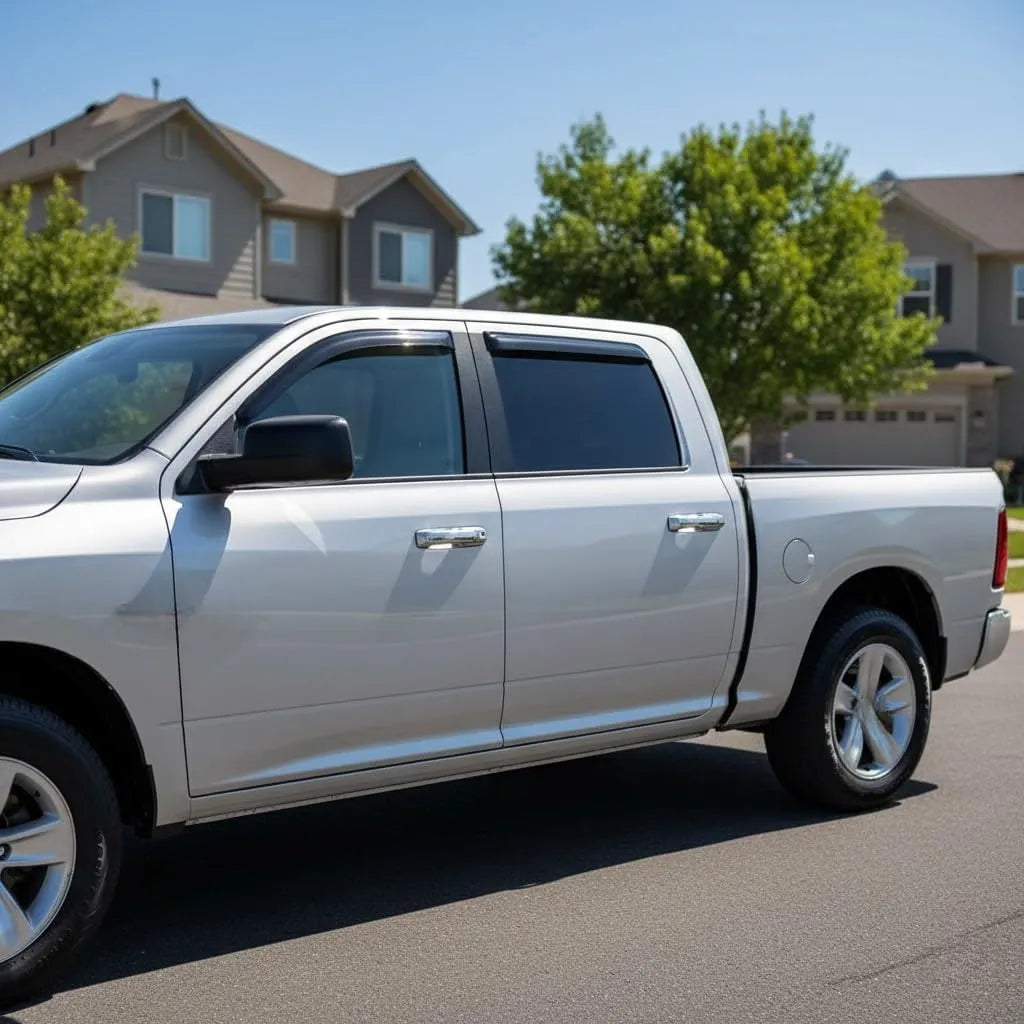 Silver Ram truck side view with smoke tape-on window vent deflectors installed