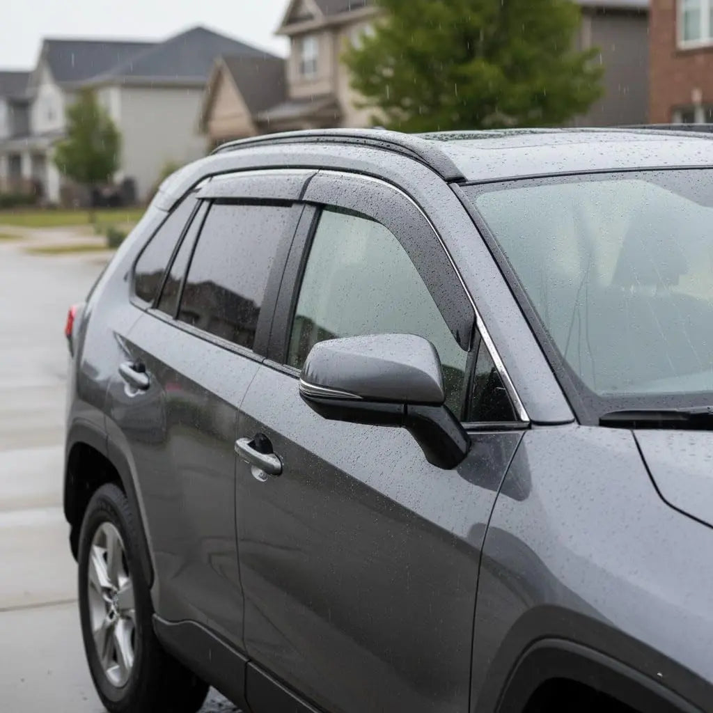 2019-2025 Toyota RAV4 with smoke window visor rain guards installed in rainy weather