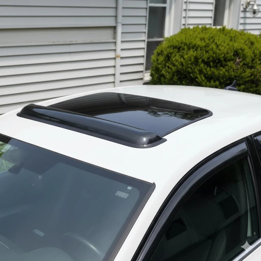 Dark smoke sunroof visor installed on a white vehicle, tape-on roof wind deflector mounted above the sunroof opening