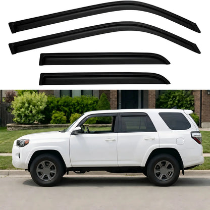 4-piece smoke window visor rain guard set installed on white Toyota 4Runner side windows