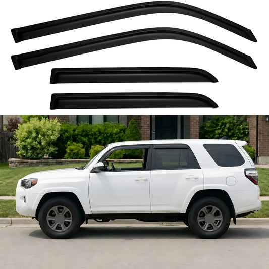 4-piece smoke window visor rain guard set installed on white Toyota 4Runner side windows