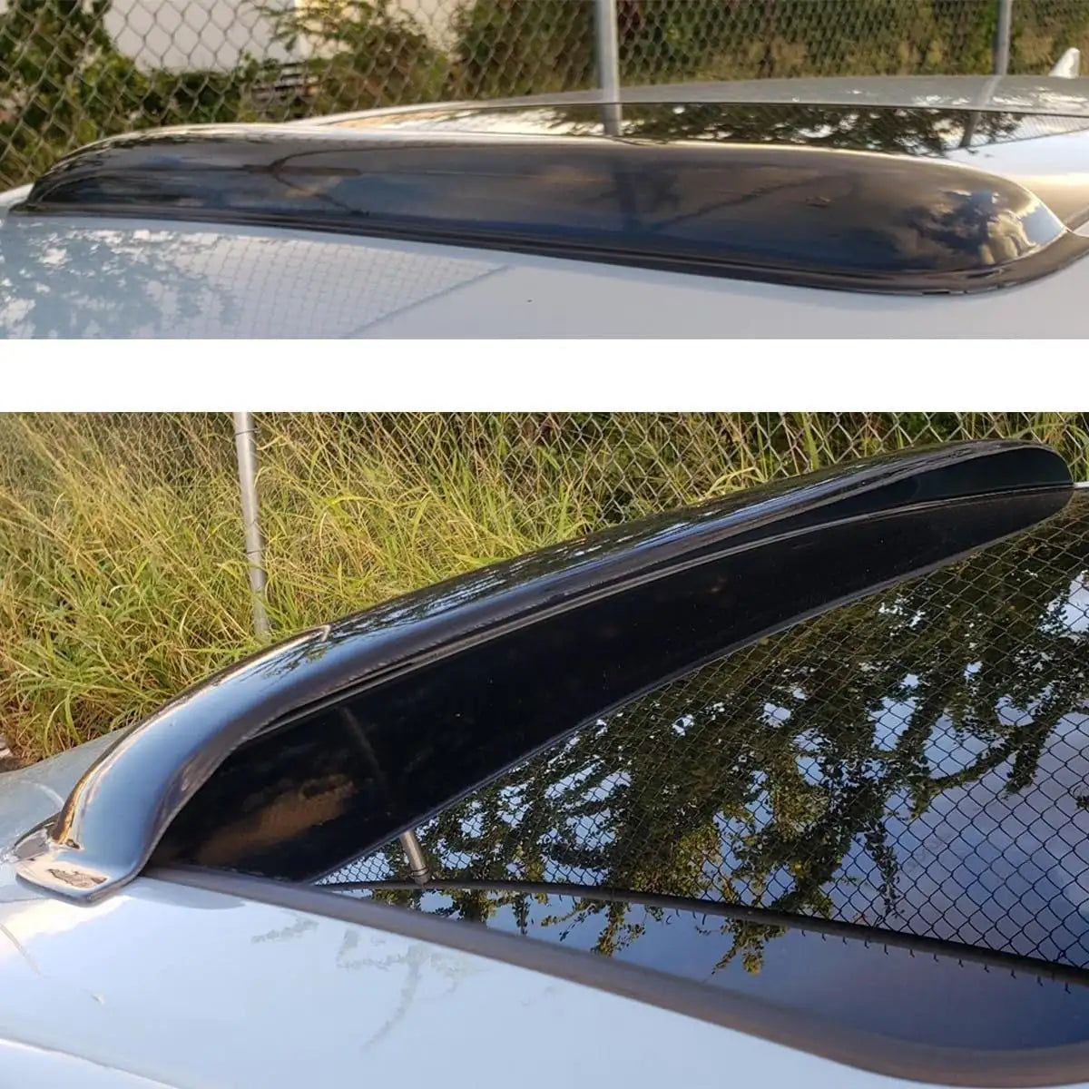 34 inch dark smoke sunroof visor installed over open sunroof for airflow and wind noise reduction