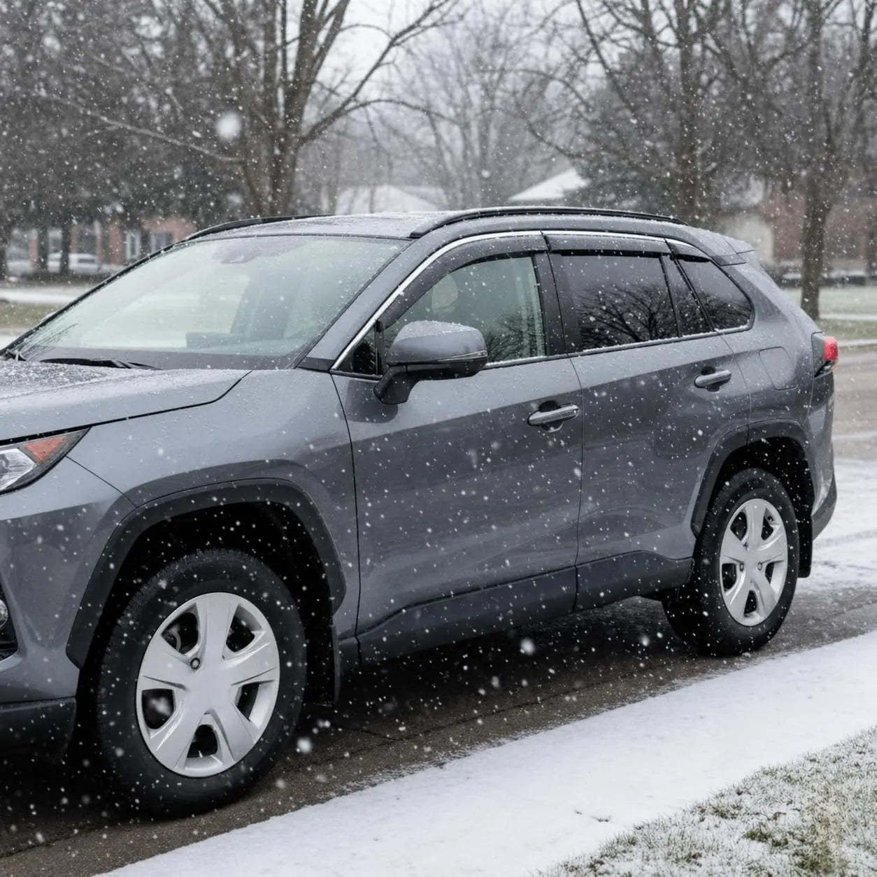 2019-2025 Toyota RAV4 with smoke window visor rain guards installed in snowy weather