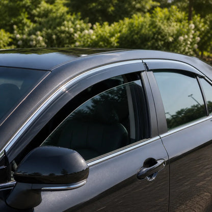 Toyota Camry smoke tape-on window visor rain guards installed for sun shade and fresh air