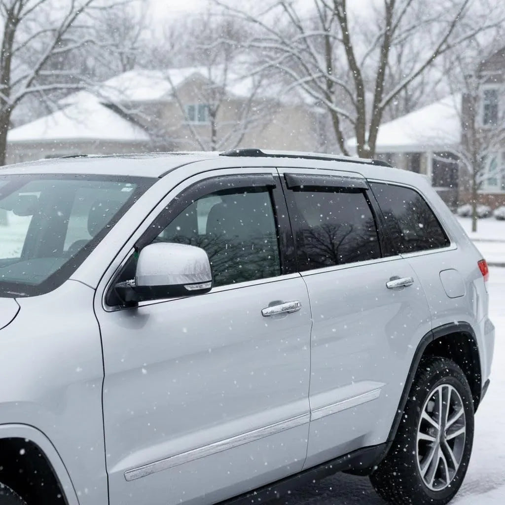 Jeep Grand Cherokee WK2 with smoke window visor rain guards installed in snowy weather