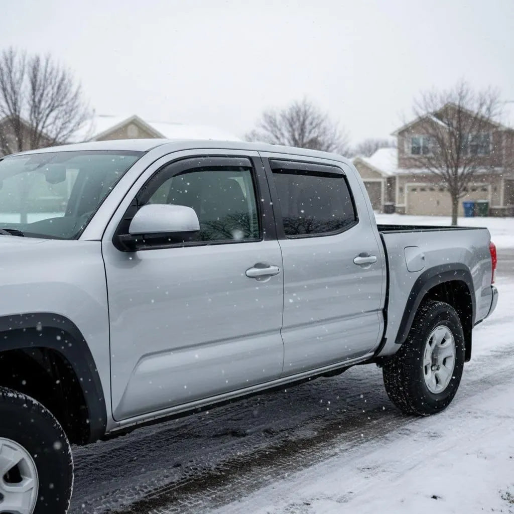Toyota Tacoma Crew Cab with smoke window visor rain guards installed in snowy weather