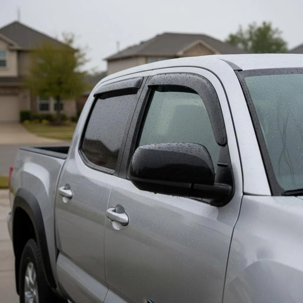 Toyota Tacoma Crew Cab with smoke outside-mount window visor rain guards installed