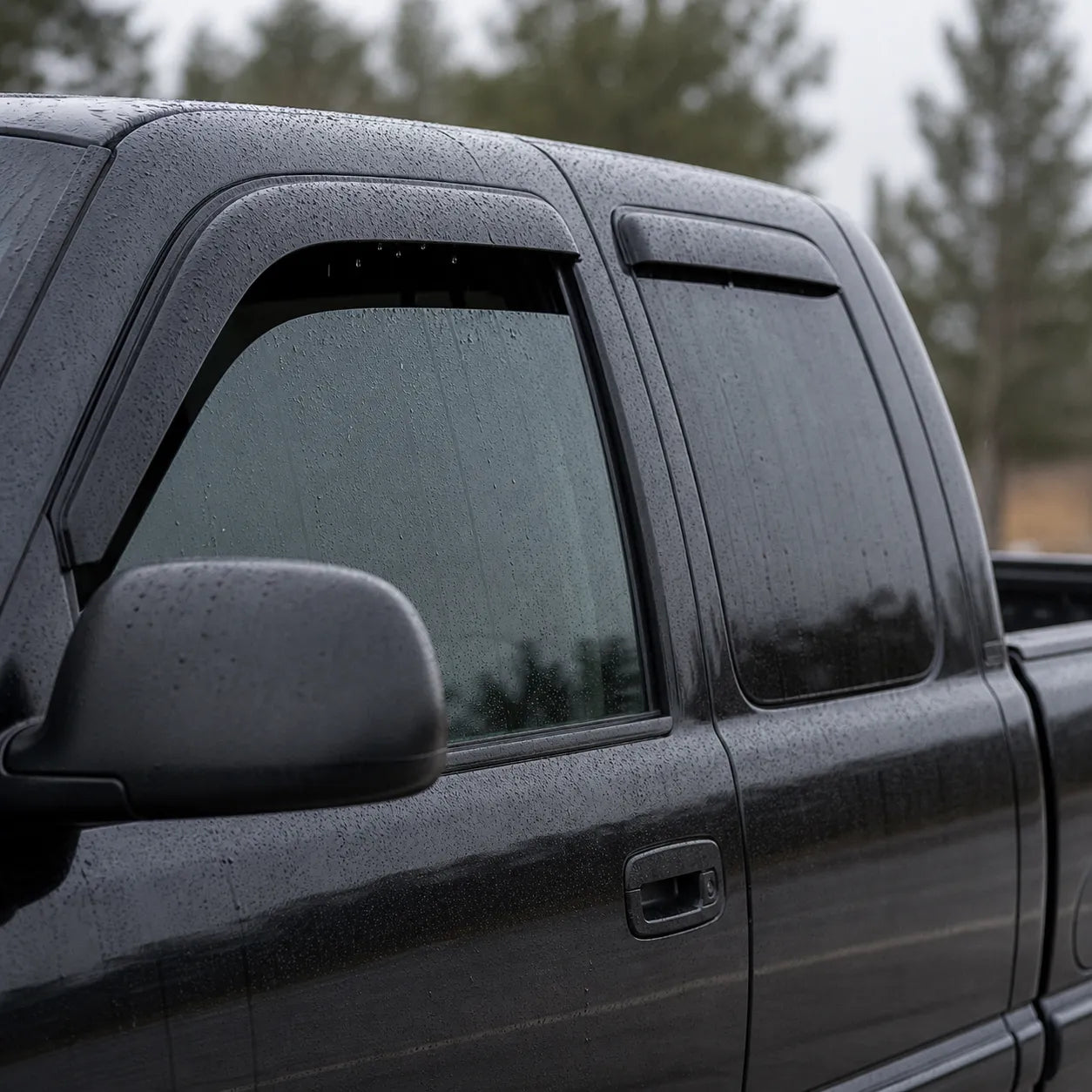 Dodge Ram Quad Cab with smoke window visor rain guards installed in rainy weather