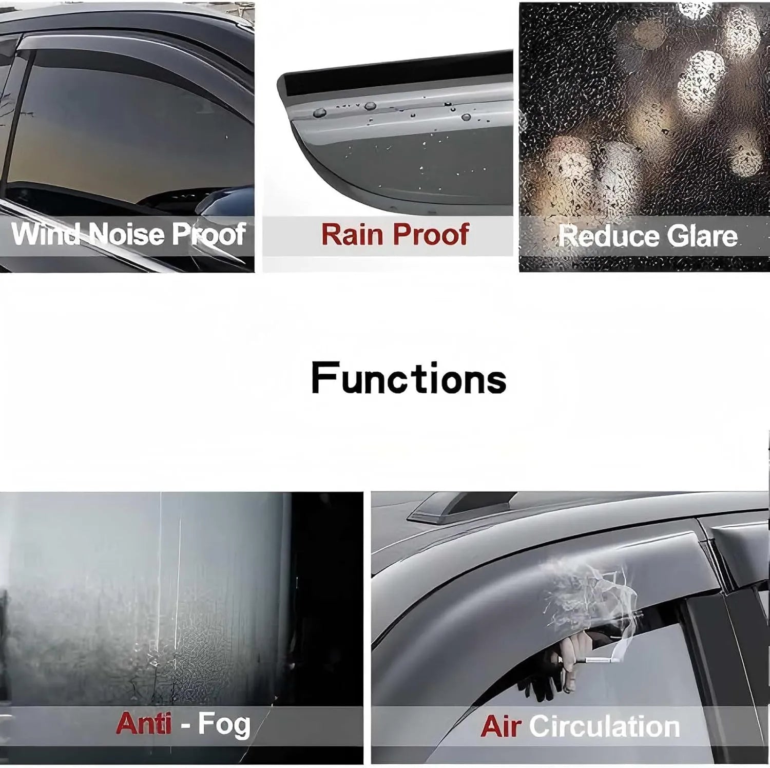 Toyota Land Cruiser window visor rain guards showing wind noise rain glare fog and air circulation benefits