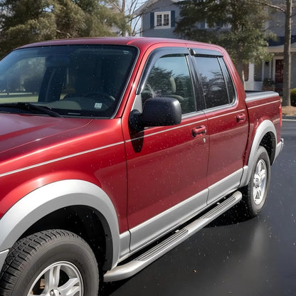 Ford Explorer with smoke in-channel window visor rain guards installed on red SUV