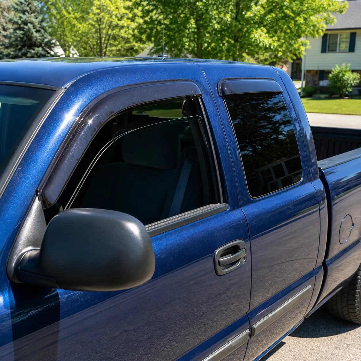 1999-2006 GMC Sierra Extended Cab smoke tape-on window vent deflectors side view