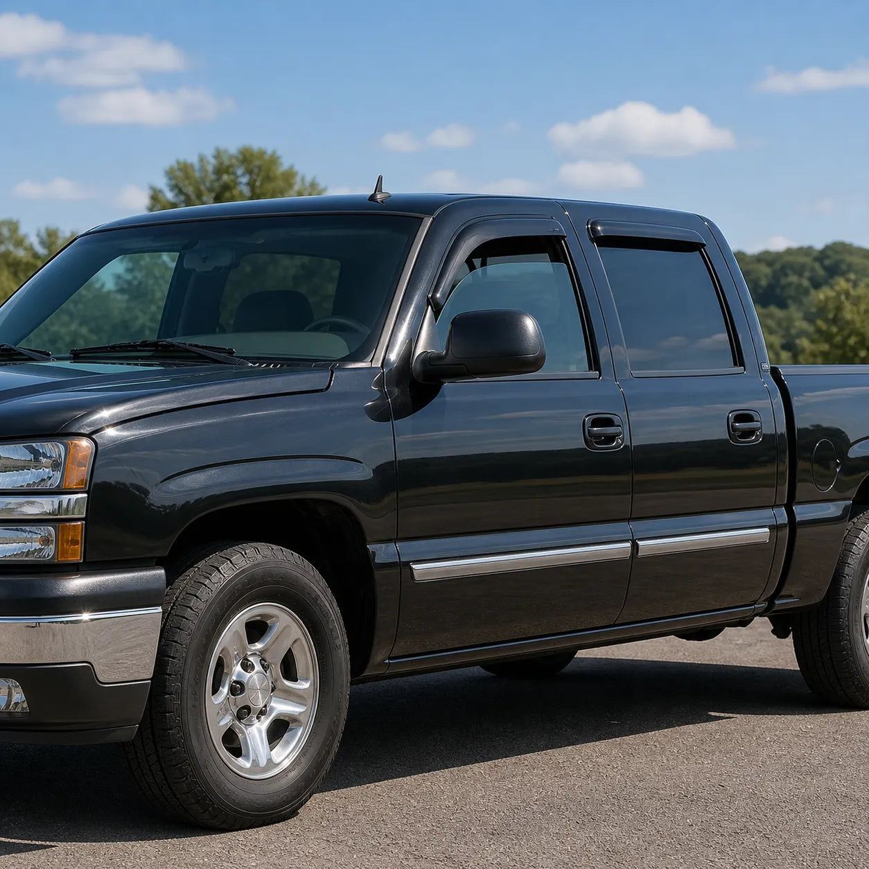 2001-2006 Silverado Sierra Crew Cab smoke tape-on window vent deflectors side view