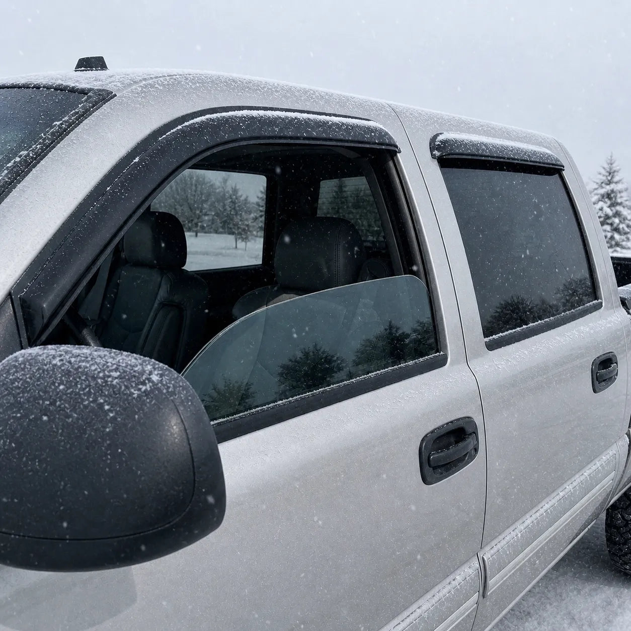 Silverado Sierra Crew Cab with smoke window visor rain guards installed in rainy weather