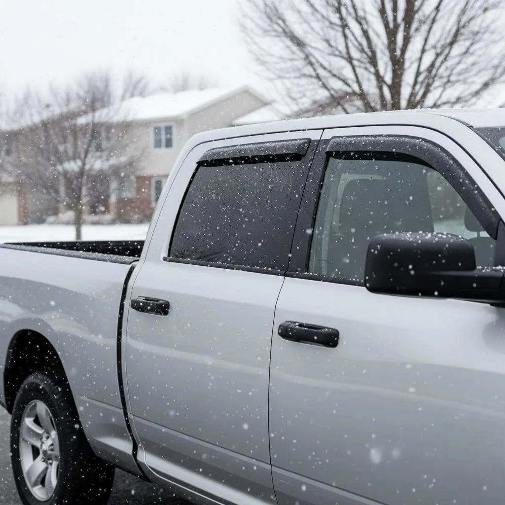 Ram truck with smoke window visor rain guards installed in snowy weather