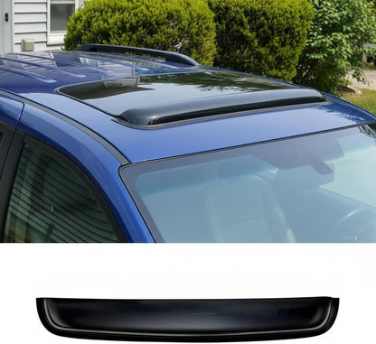 Universal dark smoke sunroof visor installed on a blue vehicle with additional product view, tape-on wind deflector for sunroof opening