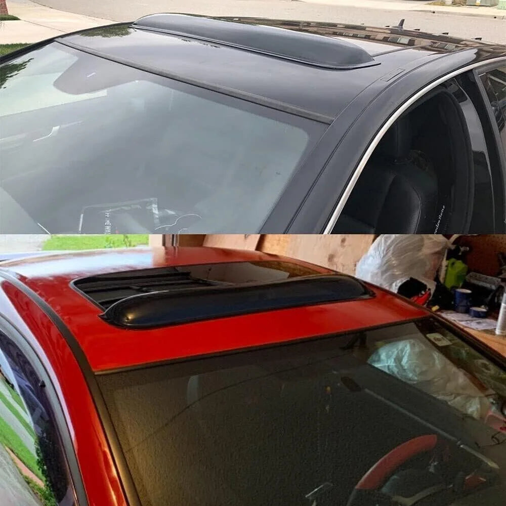 Installed dark smoke sunroof visor wind deflector shown on black and red vehicles, outside-mount roof visor for cars and SUVs
