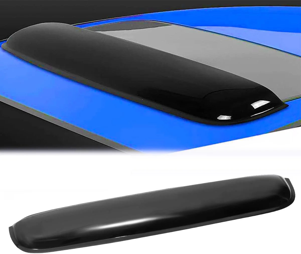 43 inch universal dark smoke sunroof wind deflector, aerodynamic roof visor shown in close-up product views