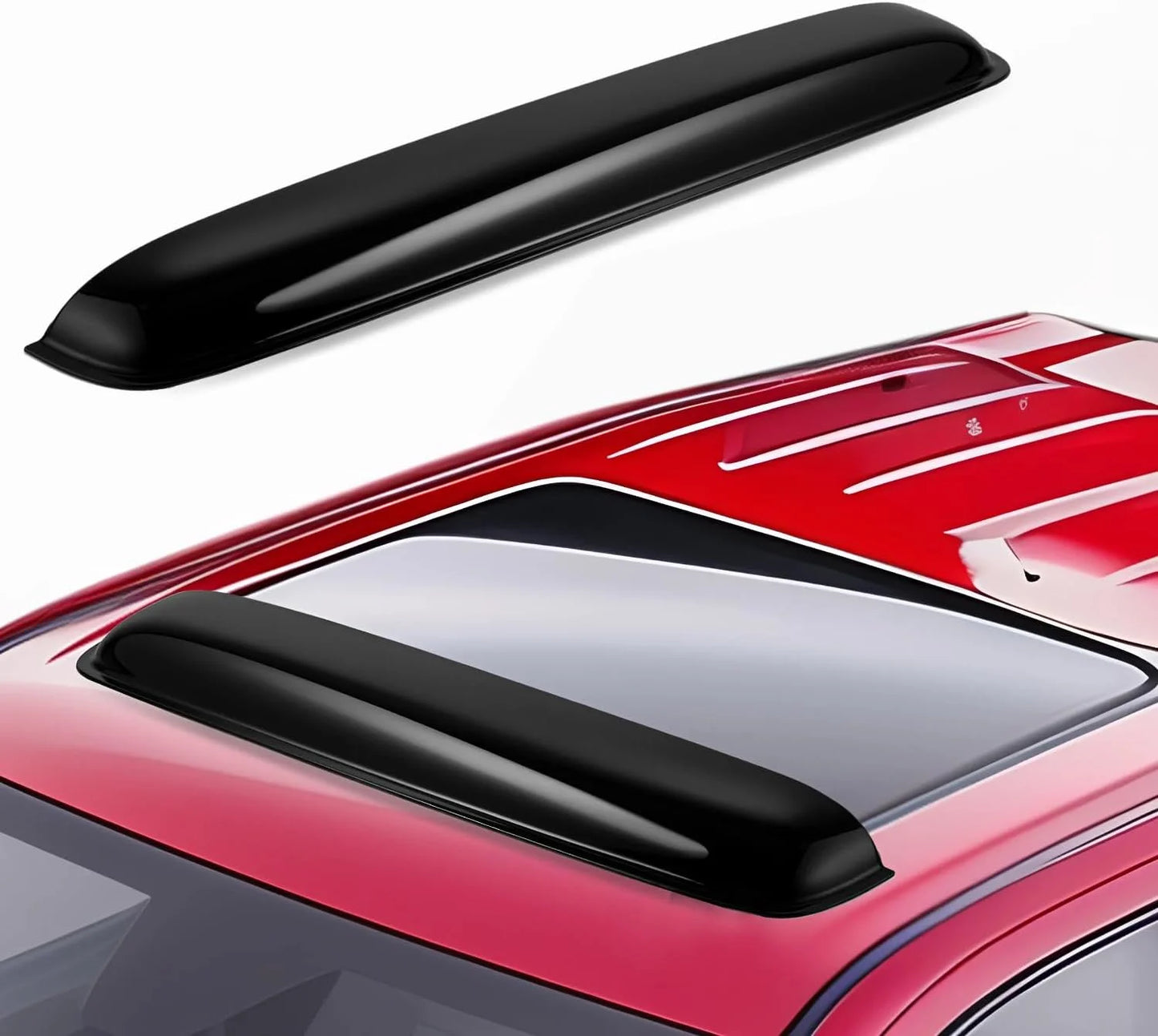 38 inch universal smoke sunroof wind deflector installed on a red vehicle roof