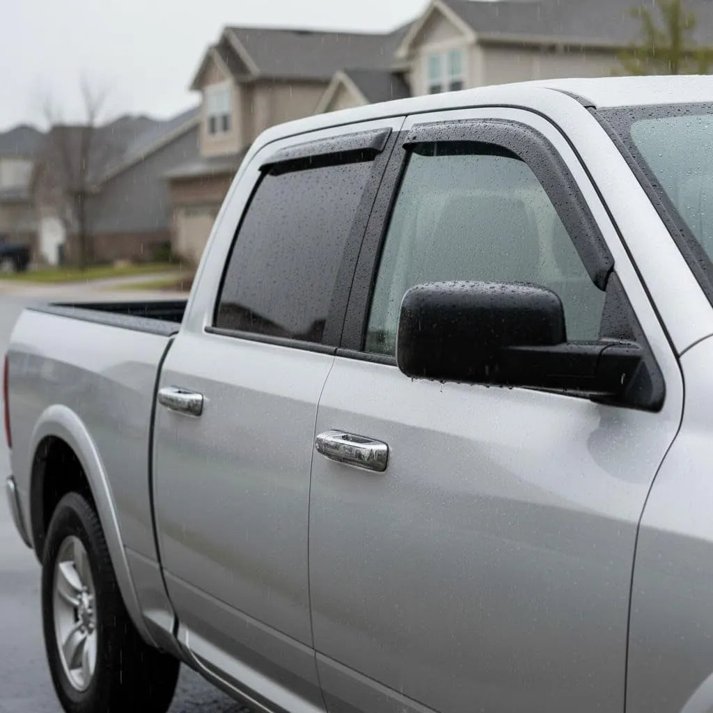 Ram 1500 2500 3500 Crew Cab Mega Cab smoke outside-mount window visor rain guards installed