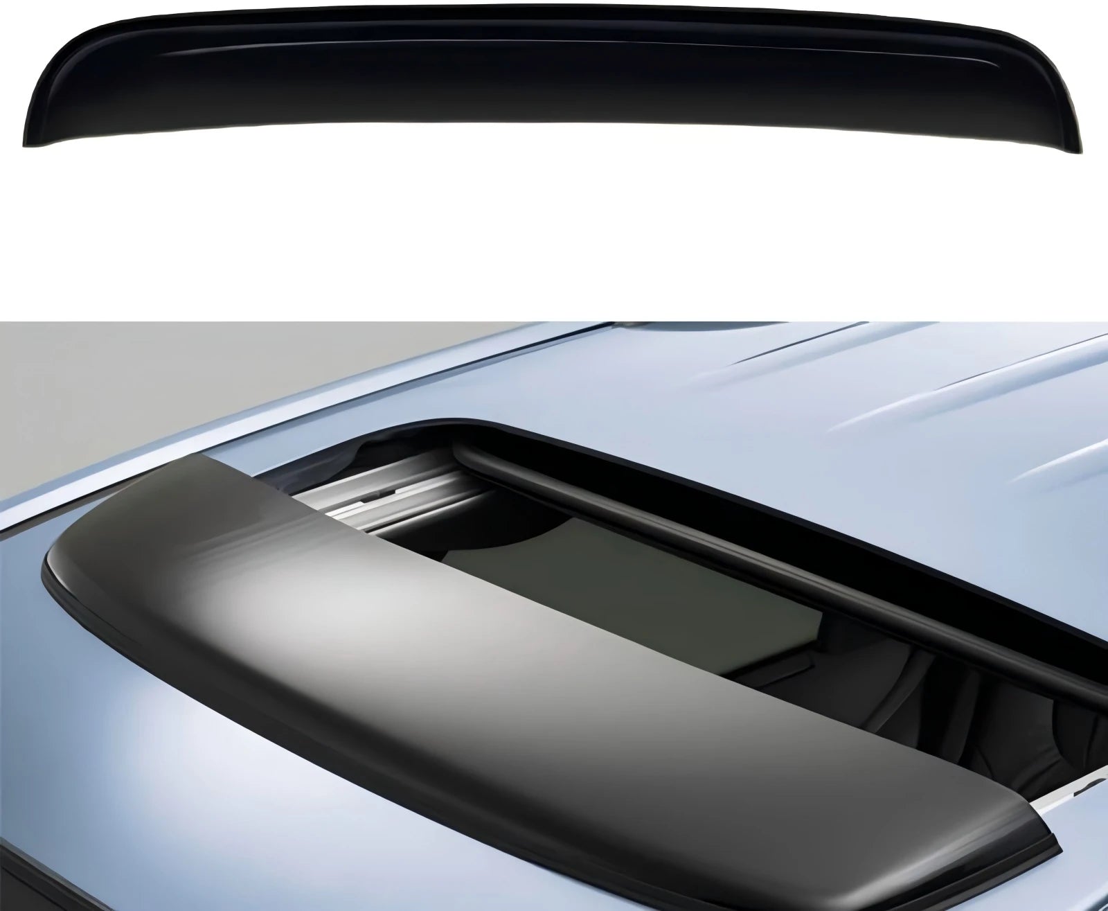 34 inch universal dark smoke acrylic sunroof wind deflector installed above vehicle sunroof