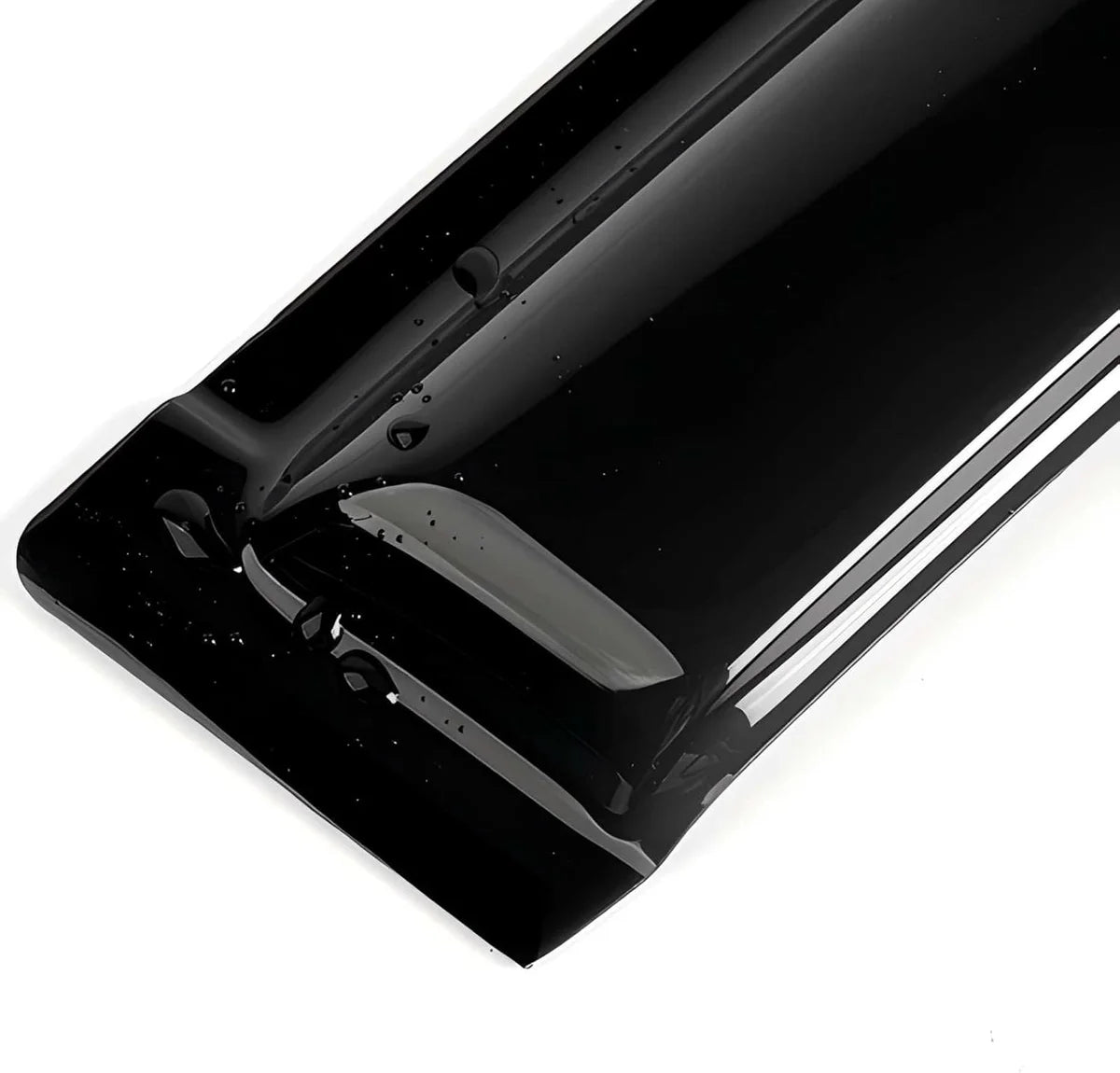 Close-up detail of smoke tape-on window visor rain guard with glossy plastic finish