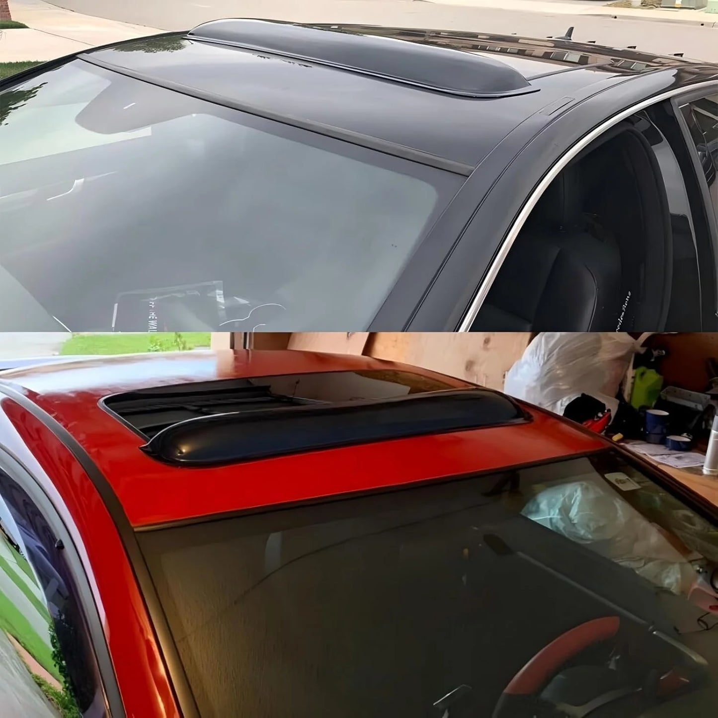 Smoke tape-on sunroof visor installed on a white vehicle roof above the sunroof
