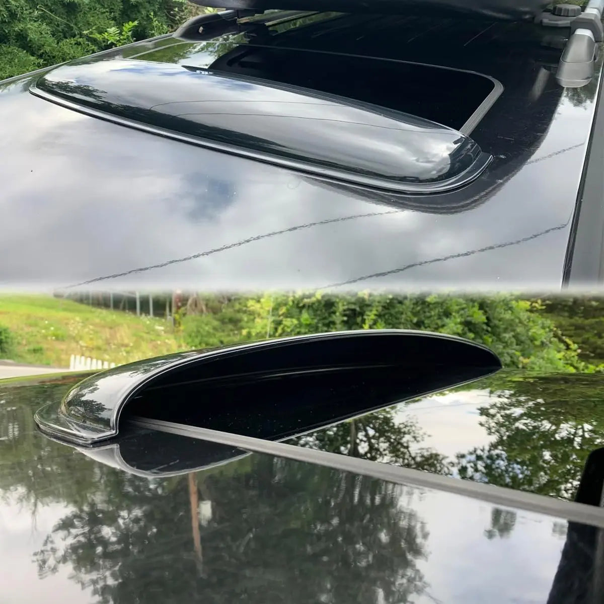 Close-up of dark smoke sunroof visor installed over an open sunroof, showing wind deflector coverage and low-profile fit